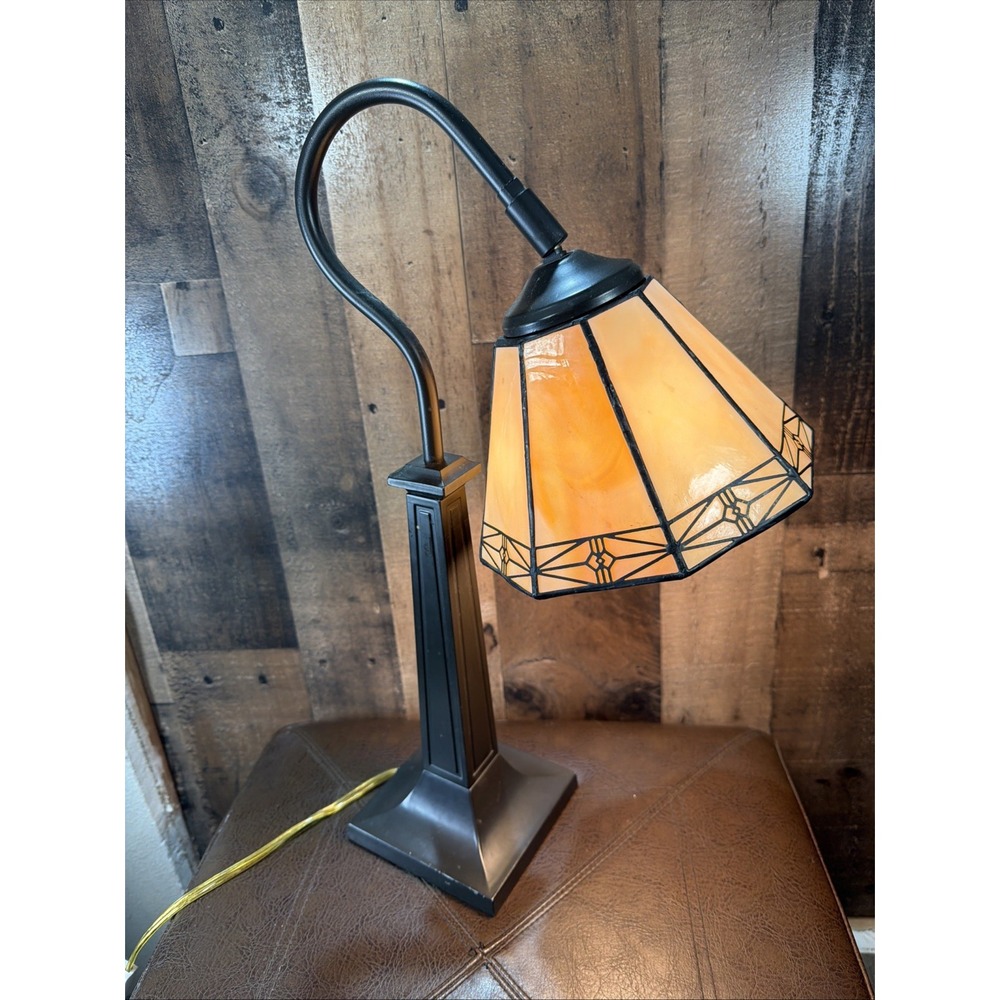 Vintage Tiffany Style Desk Lamp Mission Amber Stained Glass Metal Base Reading
